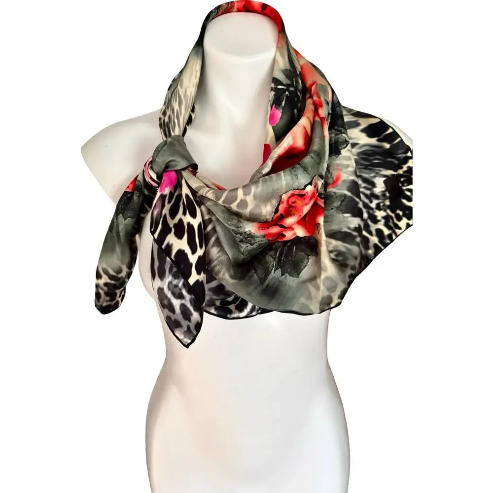 INAINI Silk Scarf Leopard Print Coral Rose Floral Square 35x35